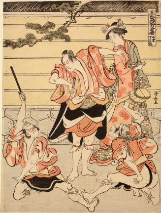 Datehei Protecting Chizukahime from Attackers Outside Ishidō’s Mansion, from a series of illustrations for the play Go taiheiki shiraishi banashi