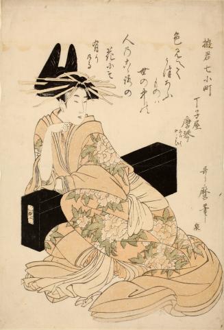 The Courtesan Karagoto of the Chojiya House Leaning on an Instrument Case, from the series Courtesans Representing the Seven Aspects of the Life of the Poetess Ono no Komachi