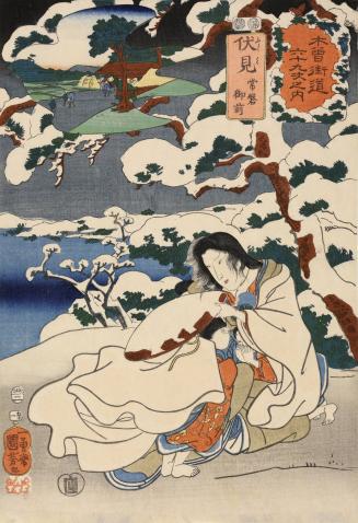 Fushimi: Tokiwa Gozen Protecting Her Children from the Snow, no. 51 from the series The Sixty-nine Stations of the Kisokaidō