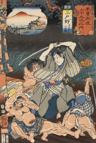 Midono: Mitono Kotaro Defending Himself from Ruffians at a Deserted Temple, no. 42 from the series The Sixty-nine Stations of the Kisokaidō