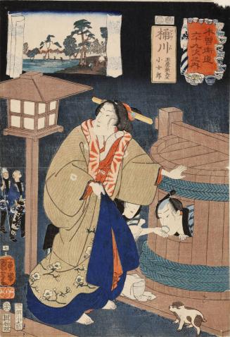 Okegawa: The Courtesan Kojoro Hiding Tamaya Shimbei from Pursuers, no. 7 from the series The Sixty-nine Stations of the Kisokaidō