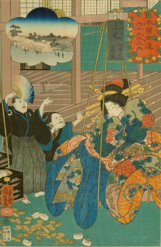 Ageo: The Courtesan Takao of the Miuraya house Being Ransomed for Her Weight in Gold, no. 6 from the series The Sixty-nine Stations of the Kisokaidō