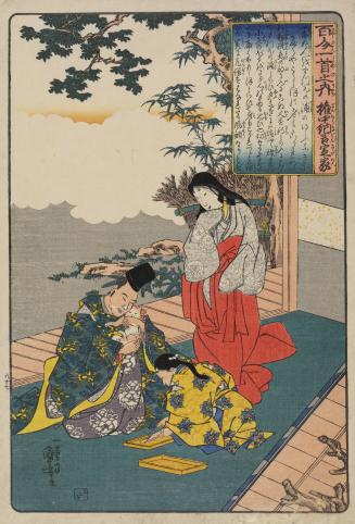 Gonchunagon Sadaie Holding a Cat while an Attendant Prepares Fish Shavings, no. 97 from the series The One Hundred Poems