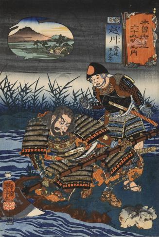 Echikawa: The Warrior Sagiji Heikuro Washing His Ax in a River, no. 66 from the series The Sixty-nine Stations of the Kisokaidō