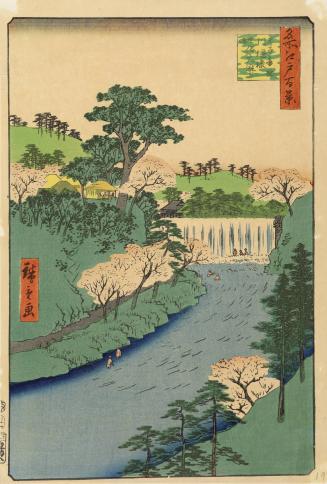 The Dam on the Otonashi River at Ōji, Popularly Known as "The Great Waterfall" (Ōji Otonashigawa entai, sezoku Ōtaki to tonau), from the series One Hundred Famous Views of Edo (Meisho Edo hyakkei)