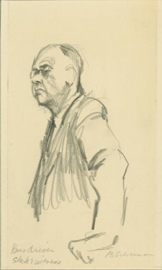 Bus Driver, State's Witness, Trial of Martin Luther King - "'What's been your attitude towards Negro passengers?.... I've always tried to gain their respect.", from a series of drawings documenting the 1956 Montgomery Bus Boycott, Montgomery, AL