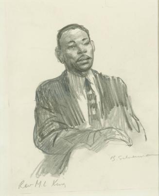 Rev Martin Luther King - "There can be no birth without some pains....  I believe God is using Montgomery as His proving ground", from a series of drawings documenting the 1956 Montgomery Bus Boycott, Montgomery, AL
