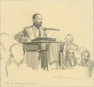 Martin King at Dexter Ave. Church Rally - "Time and scared Negroes are running out.", from a series of drawings documenting the 1956 Montgomery Bus Boycott, Montgomery, AL