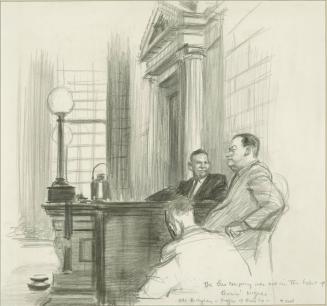 Trial of Martin Luther King, E. H. Begley Mgr., Montgomery Bus Co. - "The Bus Company was not in the habit of hirin' Nigras.", from a series of drawings documenting the 1956 Montgomery Bus Boycott, Montgomery, AL