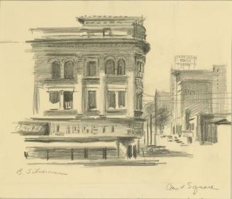 Court Square, Montgomery, from a series of drawings documenting the 1956 Montgomery Bus Boycott, Montgomery, AL