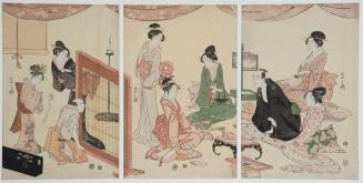 Young Man Entertained by Several Geisha and a Jester behind a Transparent Screen, from the series Twelve Birds