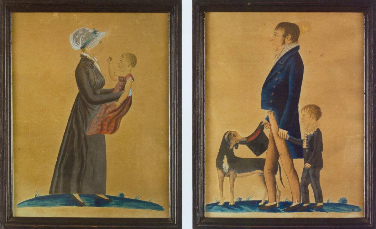 Pair of Double Portraits of a Young Man and Woman with Their Children and Dog