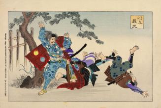 Murakami Yoshimitsu Repelling Three Attackers, from an untitled series of historical subjects