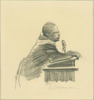 Speaker at Mass Meeting - "Jail improves a man's preaching. If my knees grow weak I feel the strength of 50,000 Negroes and other friends.", from a series of drawings documenting the 1956 Montgomery Bus Boycott, Montgomery, AL