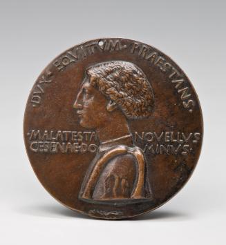 Medal of Malatesta (Domenico Novello), Lord of Cesena; verso, Malatesta as a Knight in Armor Worshipping the Cross in Landscape