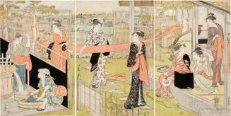 Women Washing and Drying Lengths of Cloth in a Garden beside the Sumida River