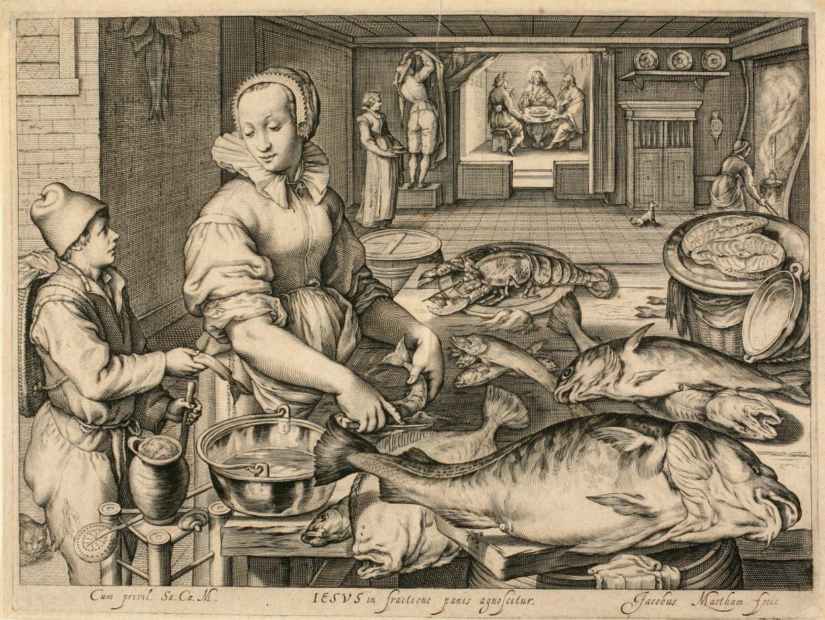 Jacob Matham, Kitchen Scene with Kitchen Maid Preparing Fish, Christ at  Emmaus in the Background, from Kitchen and Market Scenes with Biblical  Scenes in the Background