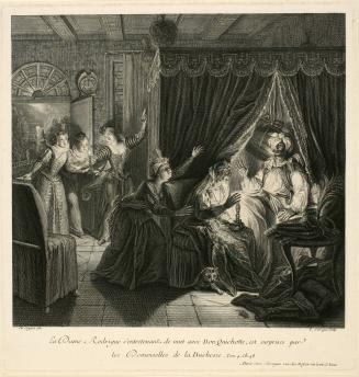 La Dame Rodrigue s'entretenant de nuit avec Don Quichotte, est surprise par les Demoiselles de la Duchesse