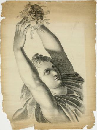 Head of an Angel, Arms Raised, Hands Holding Bouquet of Flowers