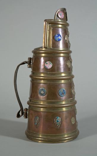 Beer Jug with Enamel and Brass Medallions