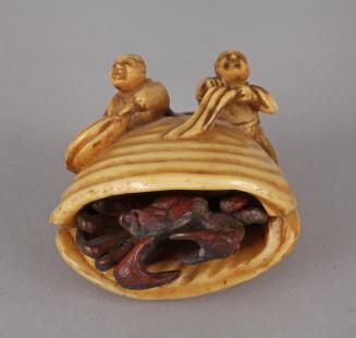 Netsuke of Two Men on Large Shell with a Crab Inside