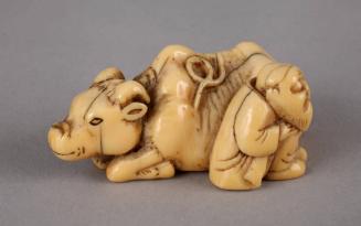 Netsuke of an Old Man Squatting Beside an Ox