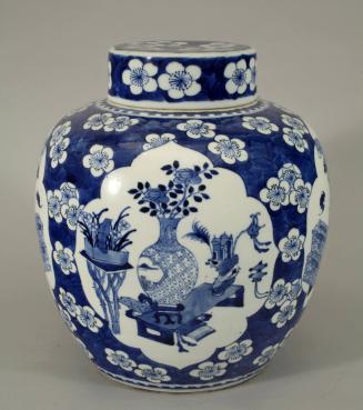 Covered Jar Decorated with Prunus and the "Hundred Antiquities" Motif