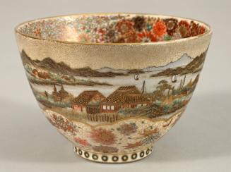 Sake Cup with Floral Brocade Interior Design and Exterior Views of Lake Biwa