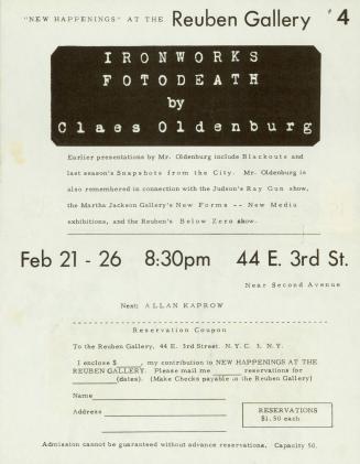 Exhibition Announcement/Reservation Coupon for Claes Oldenburg's "Ironworks Fotodeath" Circus held at the Reuben Gallery, Feb. 21-26, 1961