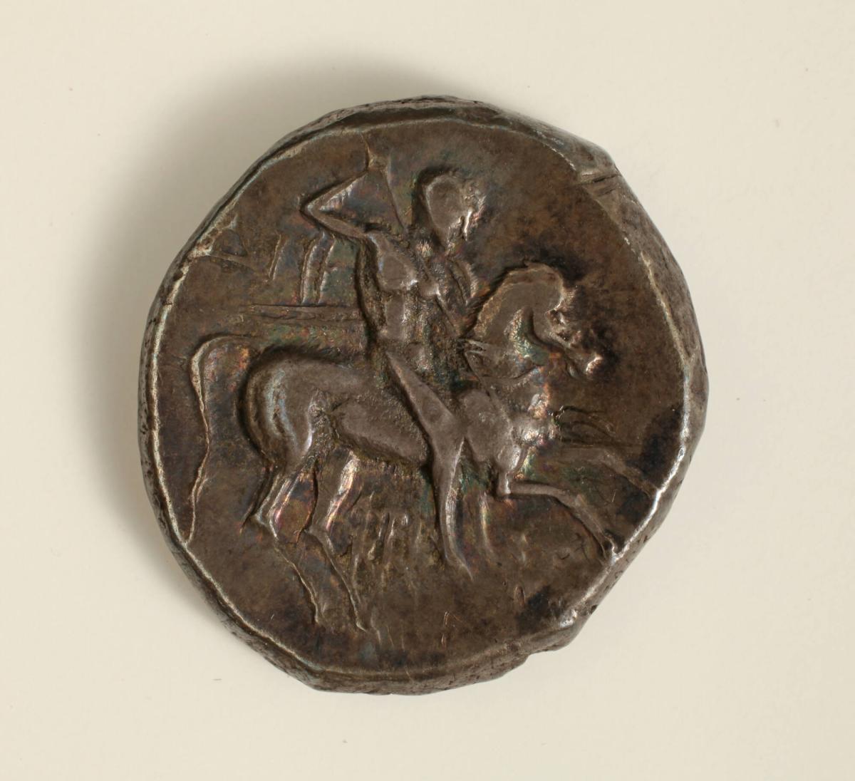 Didrachm: Obverse, Galloping Horseman Holding Spear; Reverse, Phalanthos or Taras on a Dolphin Holding Trident in Left Hand and Amphora (?) on Right (Female Head Behind Him)