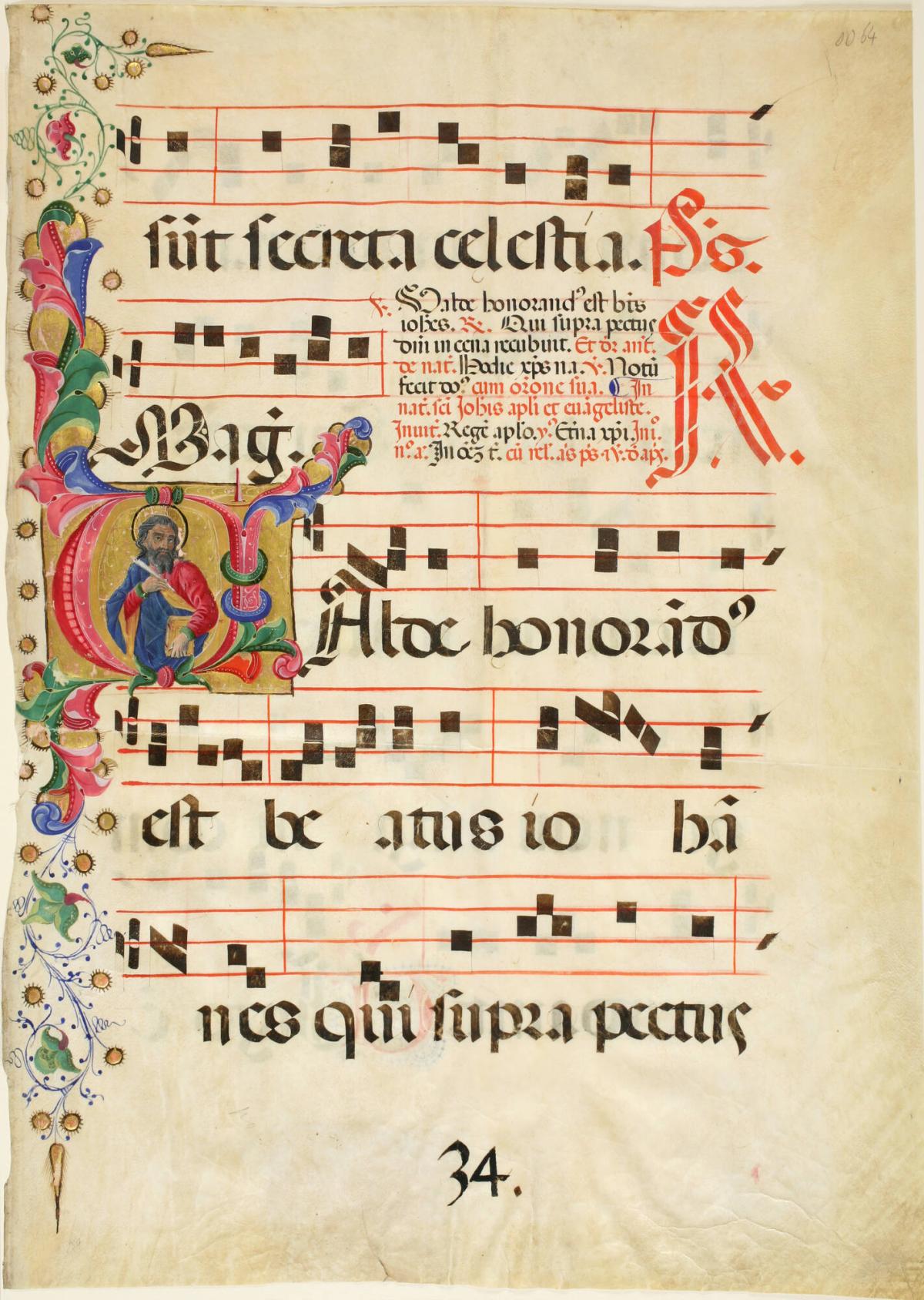 Leaf from an Antiphonary, with the Initial V ("Valde"):  St. John the Evangelist