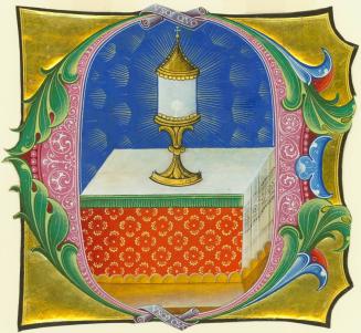 Cutting from an Antiphonary, with the Initial C ("Calicem"):  the Host in a Monstrance on an Altar