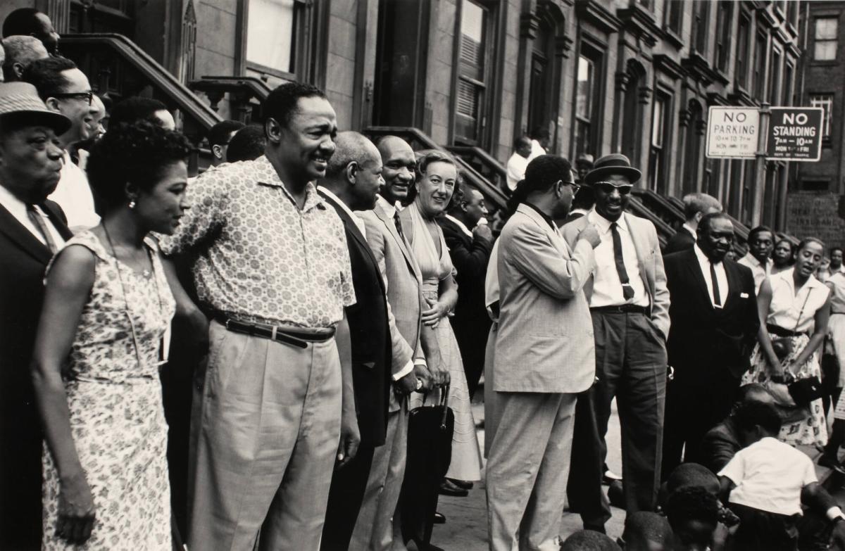 Jimmy Rushing, Maxine Sullivan, Joe Thomas, Coleman Hawkins, Marian McPartland, Emmett Berry, Sahib Shihab, Thelonious Monk, and Rex Stewart, Esquire Magazine Shoot, Harlem, New York City