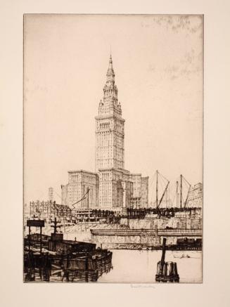 Terminal Tower from the River, November 1928, from the Cleveland Union Terminal Series