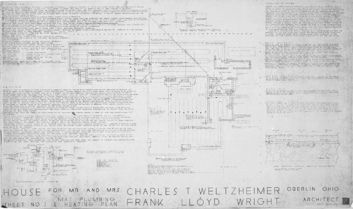 Sheet No. 1: Mat, Plumbing & Heating Plan, for The Charles Weltzheimer House, Oberlin, Ohio