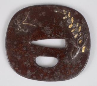Sword Guard (Tsuba) Decorated with Floral Spray and Butterfly; Reverse, Incised Waves
