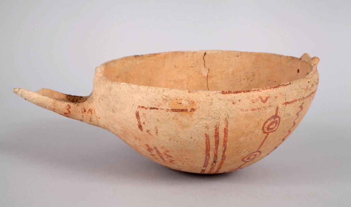 White Painted Ware I Bowl with Spout and String-Hole, Decorated with Wavy and Straight Lines