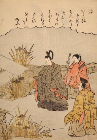 Narihira Viewing Iris at Yatsuhashi, no. 5 from an untitled series of illustrations from Tales of Ise