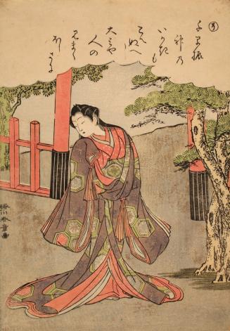 Lady Standing by the Entrance to a Shrine, no. 18 from an untitled series of illustrations from Tales of Ise