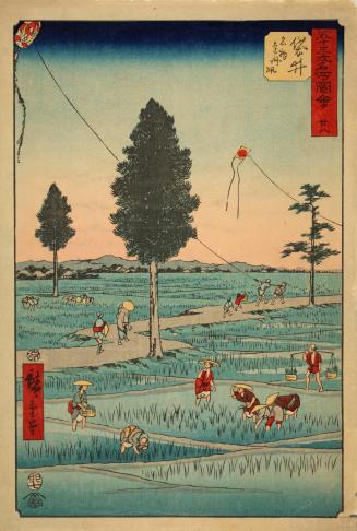 Fukuroi: Famous Tôtômi Kites (Fukuroi, meibutsu Enshû tako), no. 28 from the series Famous Sights of the Fifty-three Stations (Gojûsan tsugi meisho zue), also known as the vertical Tôkaidô