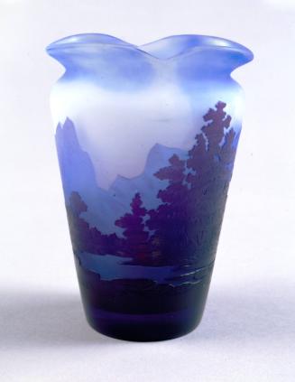 Opaque Blue and White Ground Vase with Deep Blue Etched Overlay Landscape