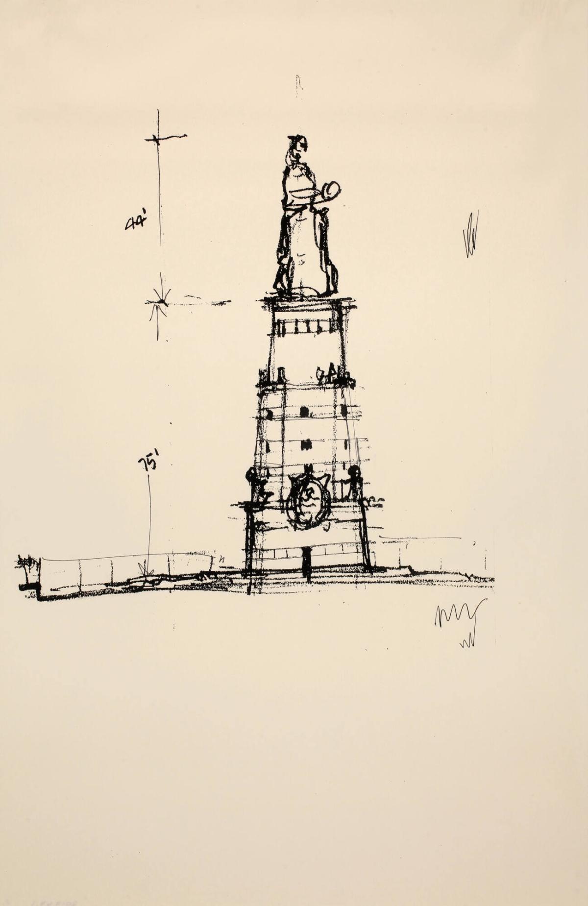 Sketch for Installation of the Colossal Queen Catherine Statue to be sited on the Queen Side of East River NYC:  Tower #1 75+44