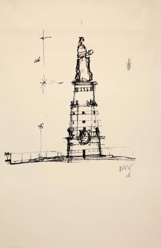 Sketch for Installation of the Colossal Queen Catherine Statue to be sited on the Queen Side of East River NYC:  Tower #1 75+44