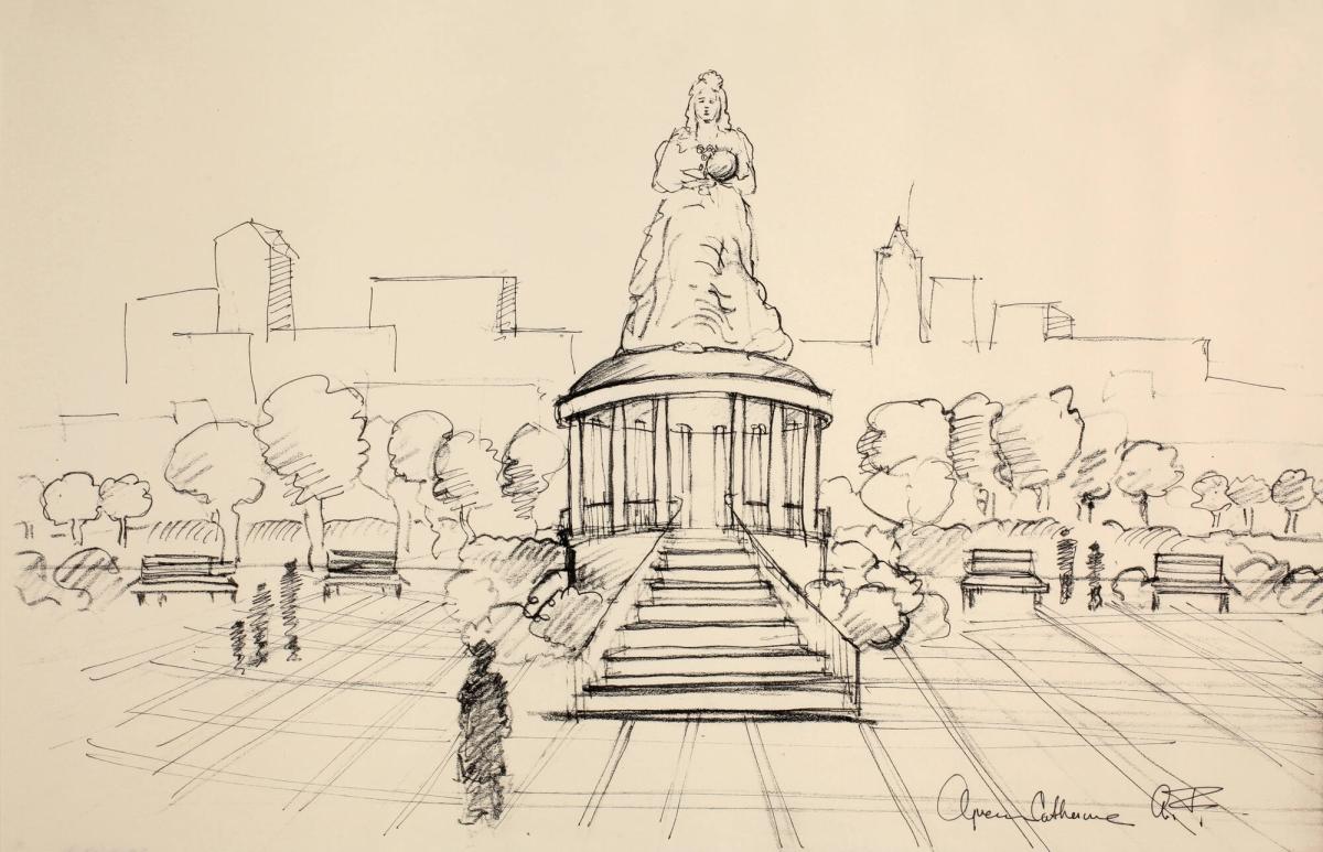 Sketch for Installation of the Colossal Queen Catherine Statue to be sited on the Queen Side of East River NYC:  Central Stairway to the Rotunda