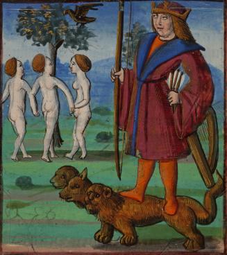 Apollo with Bow and Arrows, Standing on a Three-headed Beast and with the Three Graces Standing around a Tree, from La Bible de poètes (The Metamorphoses), by Ovid (43BC–17AD)
