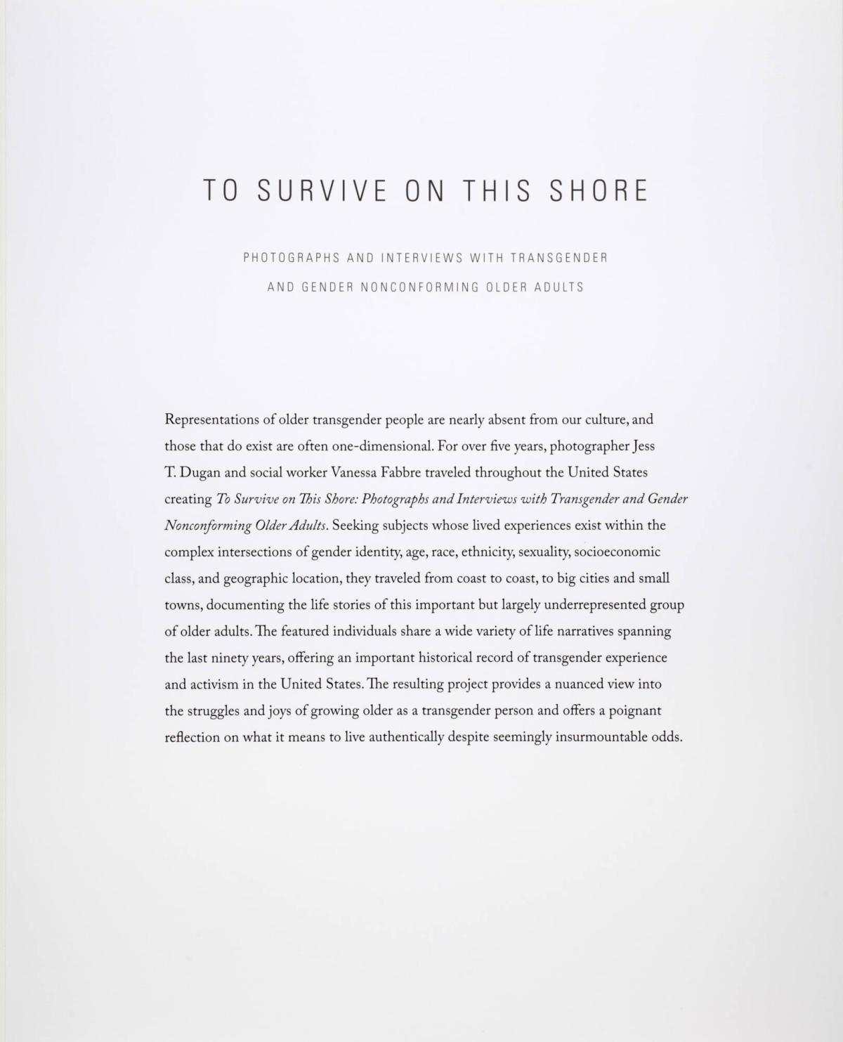Title Page, from the portfolio To Survive on This Shore: Photographs and Interviews with Transgender and Gender Nonconforming Older Adults