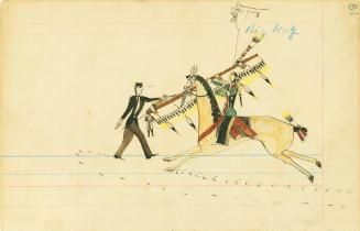 57. "The warriors making their grand entry into the Medicine Lodge before beginning the dance.  They fire first at the image hanging from the center pole.  One band has just arrived and another is approaching the Lodge."; 58. Two Horses; 63. [blank page];