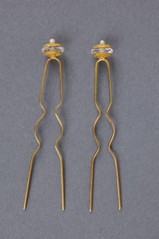 Two Hairpins with Crystal, Gold and Pearl Apex