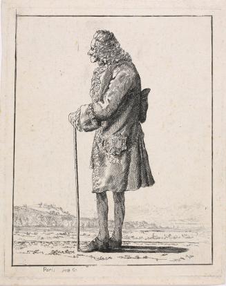 Voltaire de profil a gauche, appuye sur un canne