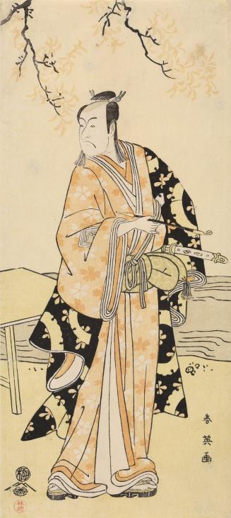 The Actor Ichikawa Monnosuke II as a Lord Standing Beneath a Maple Tree, Possibly as Takatsuna in Omi Genji Senjin Yakata, Ichimura Theater